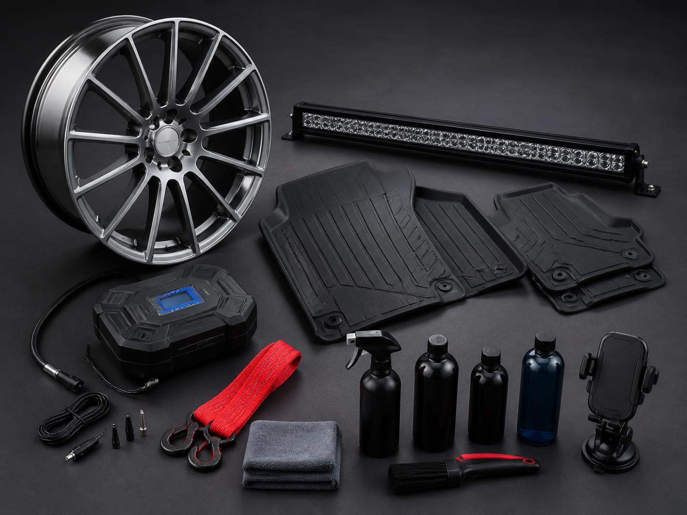 Sélection d'équipements automobiles extérieurs : jante, barre LED et accessoires de route