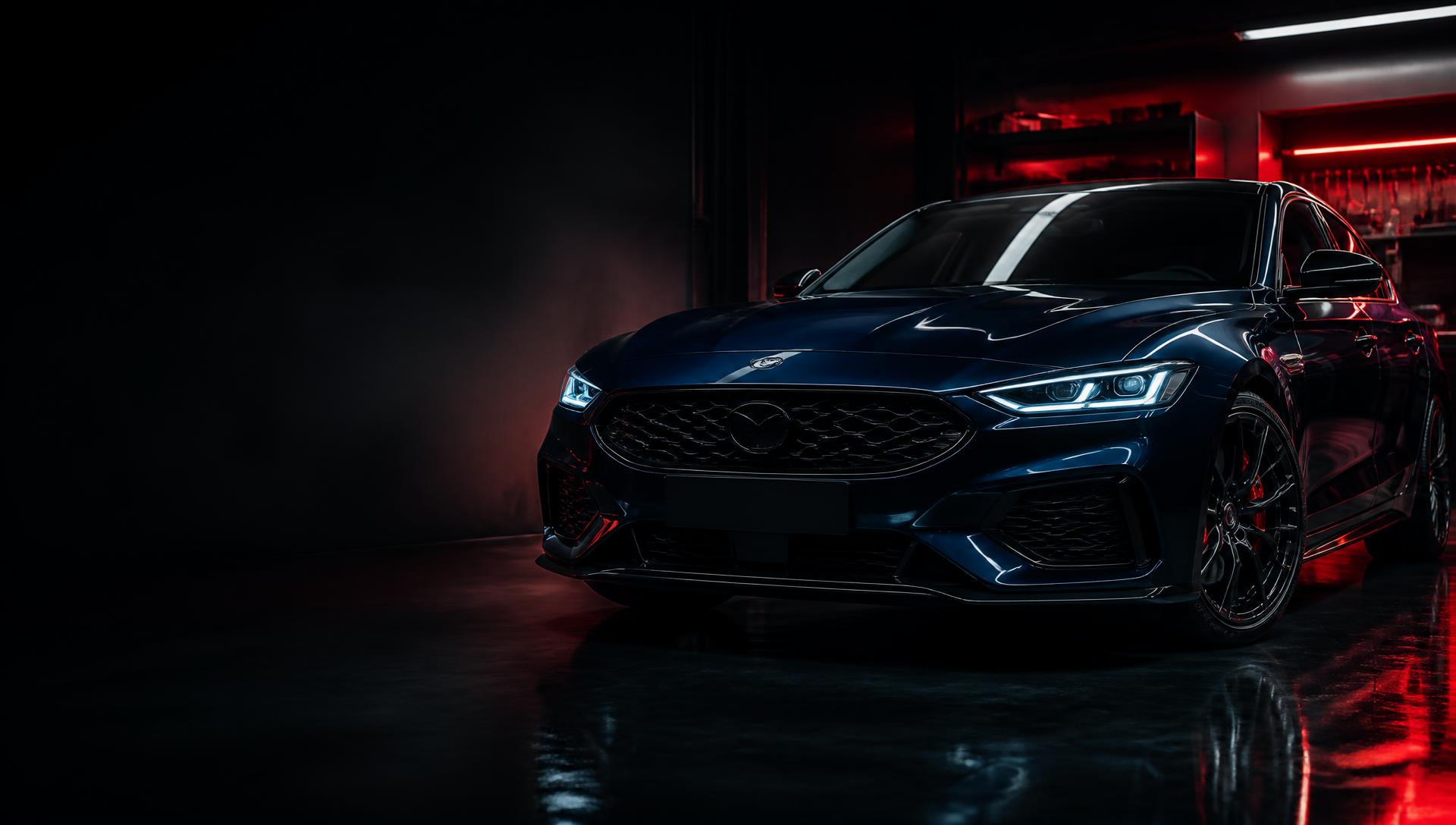 Voiture sportive bleu nuit dans un atelier avec éclairage rouge