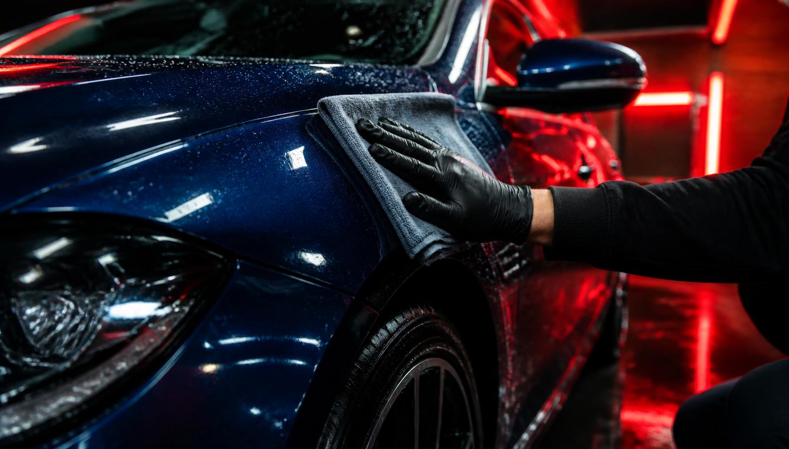 Détaillant automobile lustrant une carrosserie bleu nuit