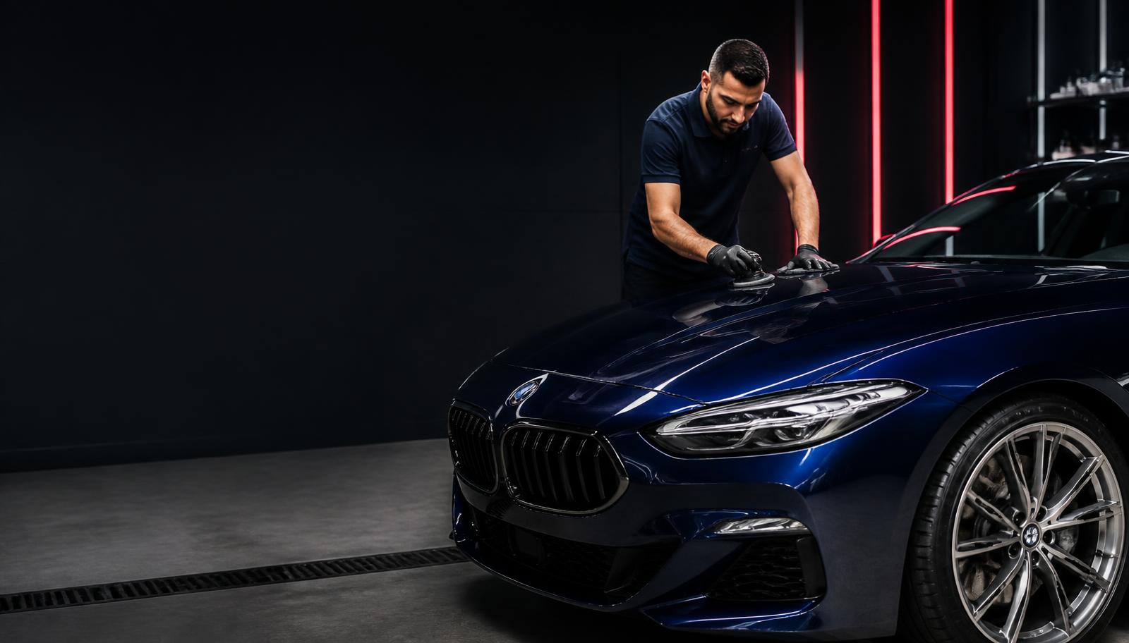 Spécialiste automobile lustrant une carrosserie bleu nuit